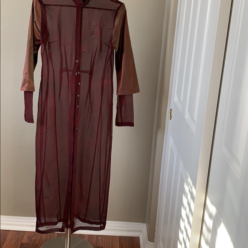 Chiffon maxi shirt dress with satin sleeves